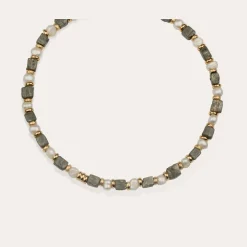Collier Jamie - Nacre blanche & Pyrite