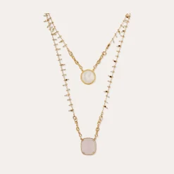 Collier Scapulaire serti - Nacre blanche & Quartz rose