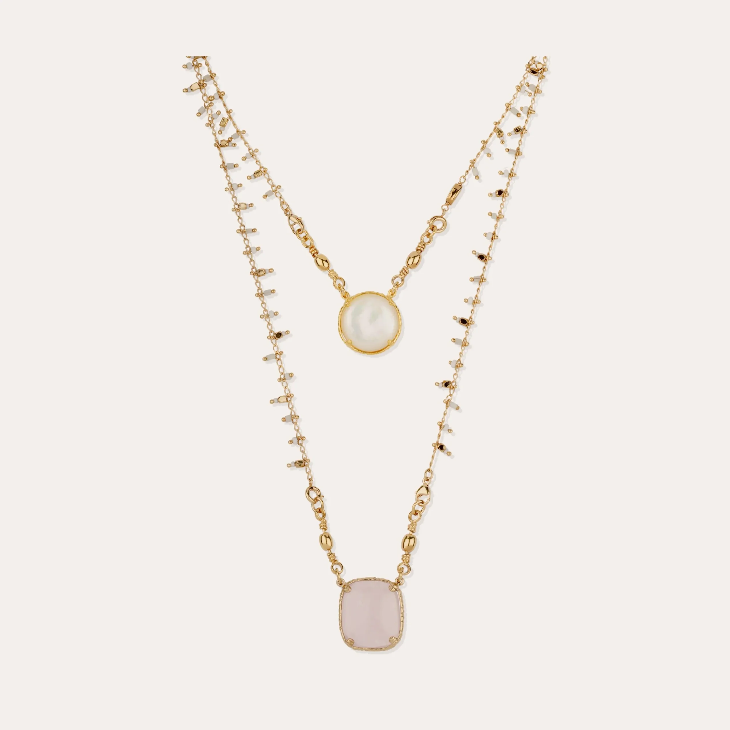 Collier Scapulaire serti - Nacre blanche & Quartz rose