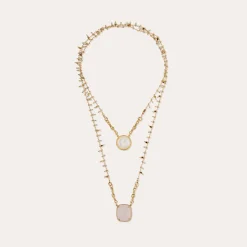 Collier Scapulaire serti - Nacre blanche & Quartz rose