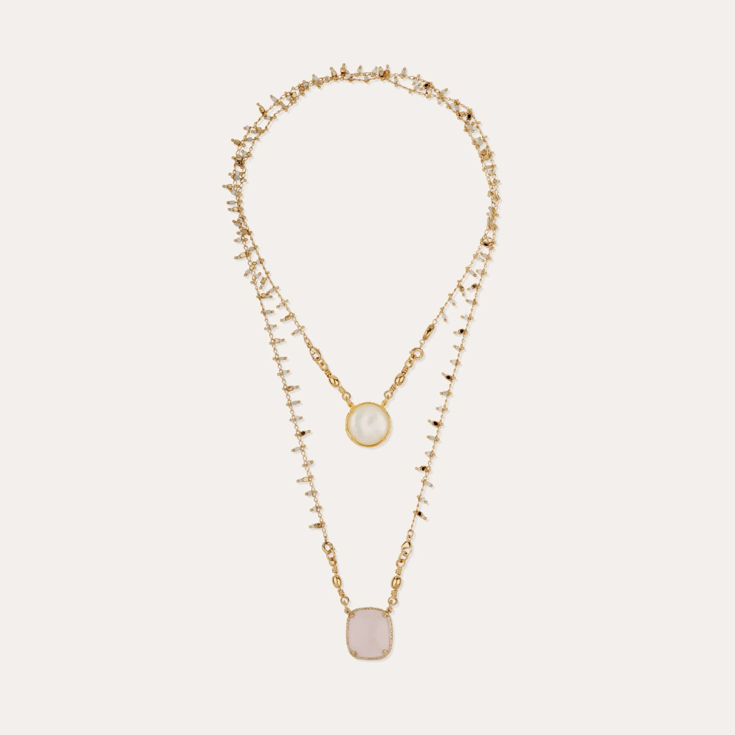 Collier Scapulaire serti - Nacre blanche & Quartz rose
