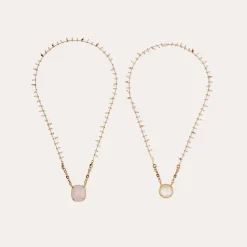 Collier Scapulaire serti - Nacre blanche & Quartz rose