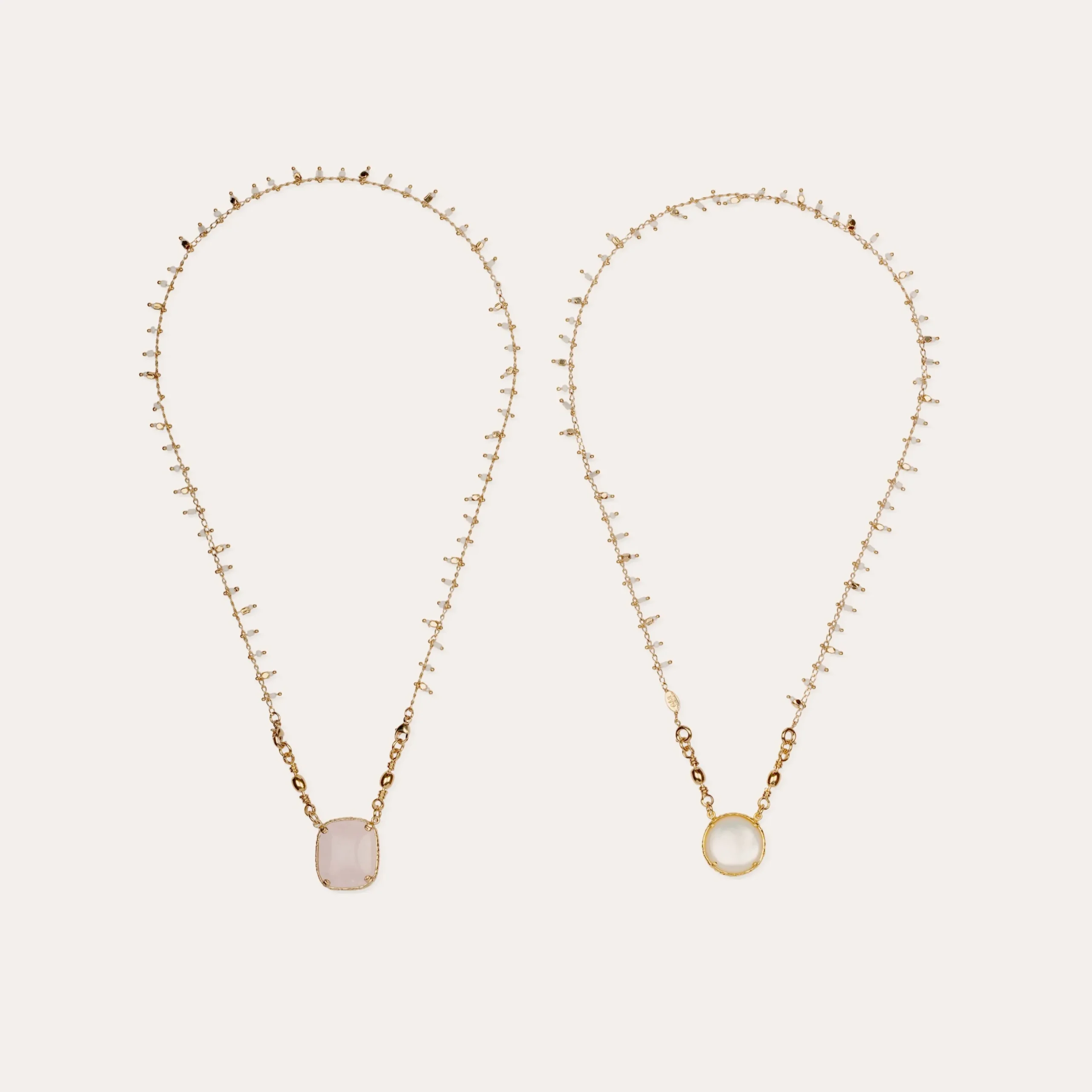 Collier Scapulaire serti - Nacre blanche & Quartz rose