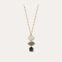 Sautoir Silenza - Opale blanche, Jaspe dalmatien & Agate verte